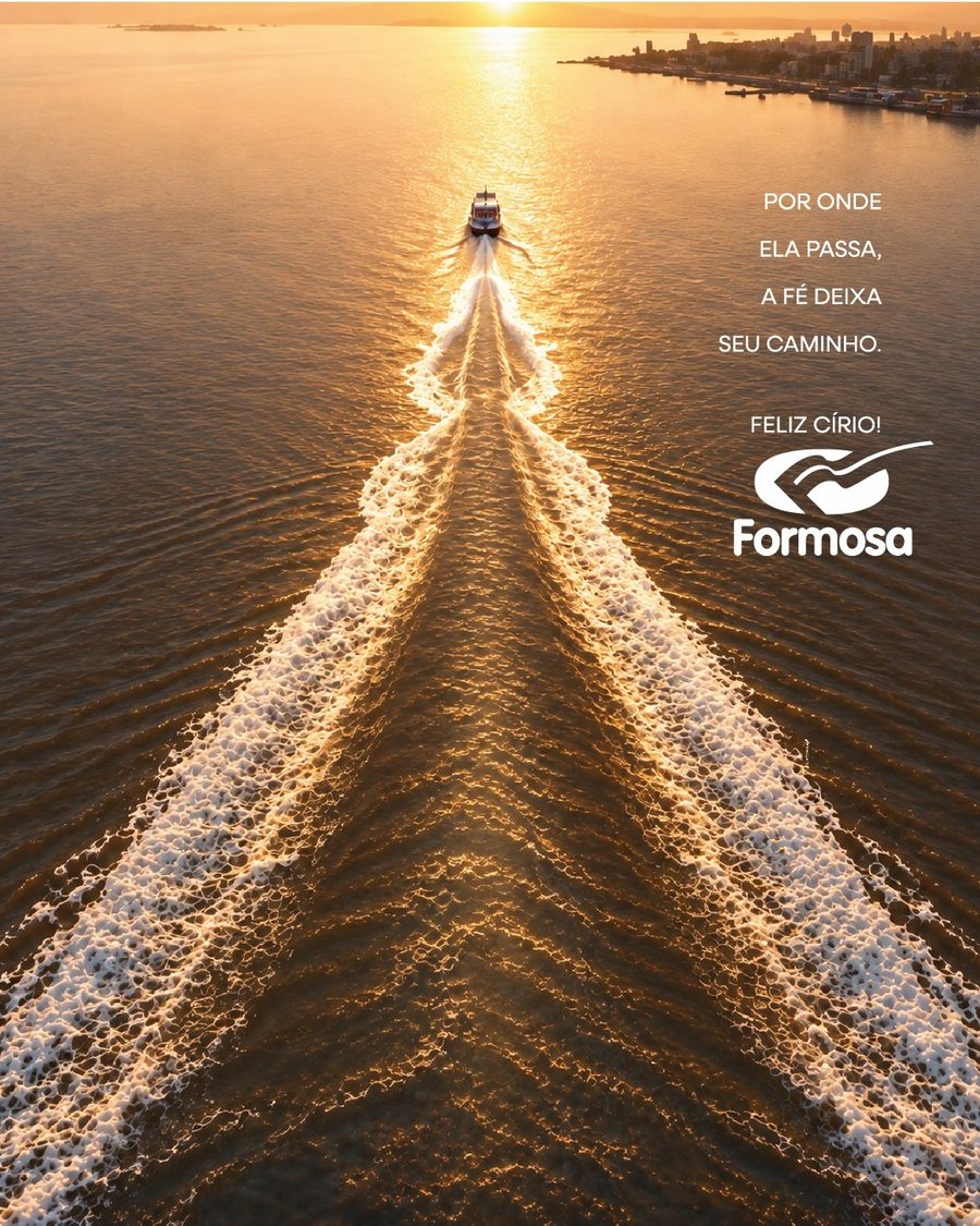 Grupo Formosa — homenagem ao Círio: barco em rio ao pôr do sol, "Por onde ela passa, a fé deixa seu caminho"